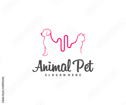 Pet Pulse Logo dog cat design vector template. Animals Veterinary clinic Logotype concept outline icon.