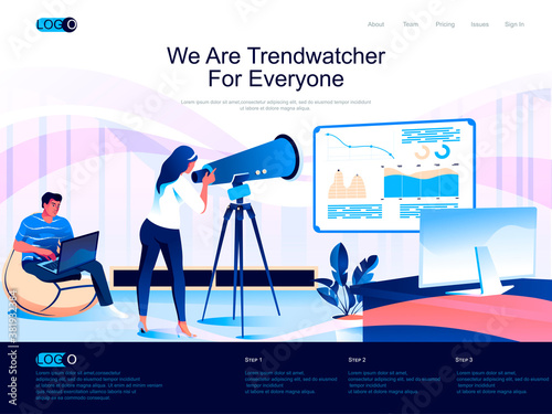 We are Trendwatcher for everyone isometric landing page. Trend watching and marketing research isometry website page. Marketer study data web concept, vector illustration with people characters.