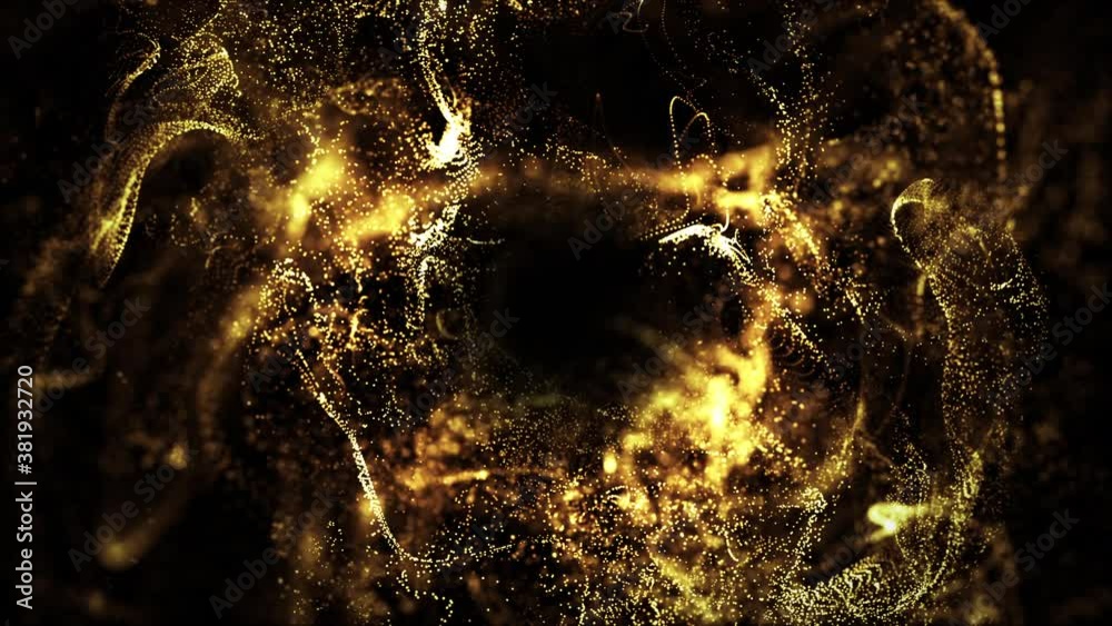 golden particles shining stars dust bokeh glitter awards dust abstract background. Futuristic glittering in space on black background.	
