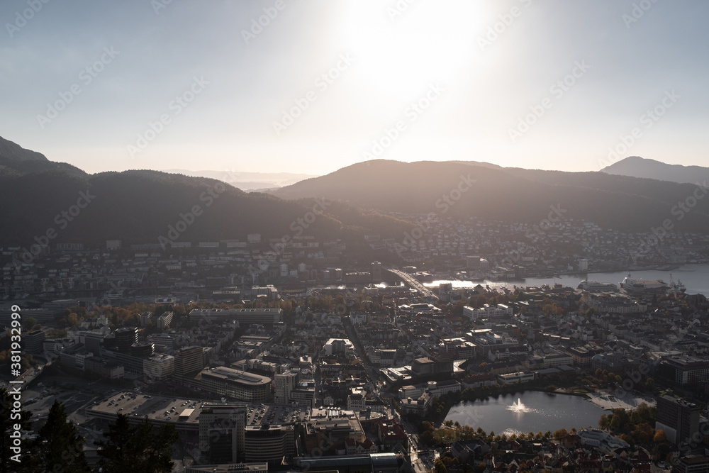 Bergen Norway Aerial Cityscape with Mountains in Background