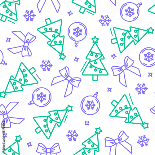 Seamless pattern from new year symbols with Christmas tree. Xmas vector background. White, blue and green colors.