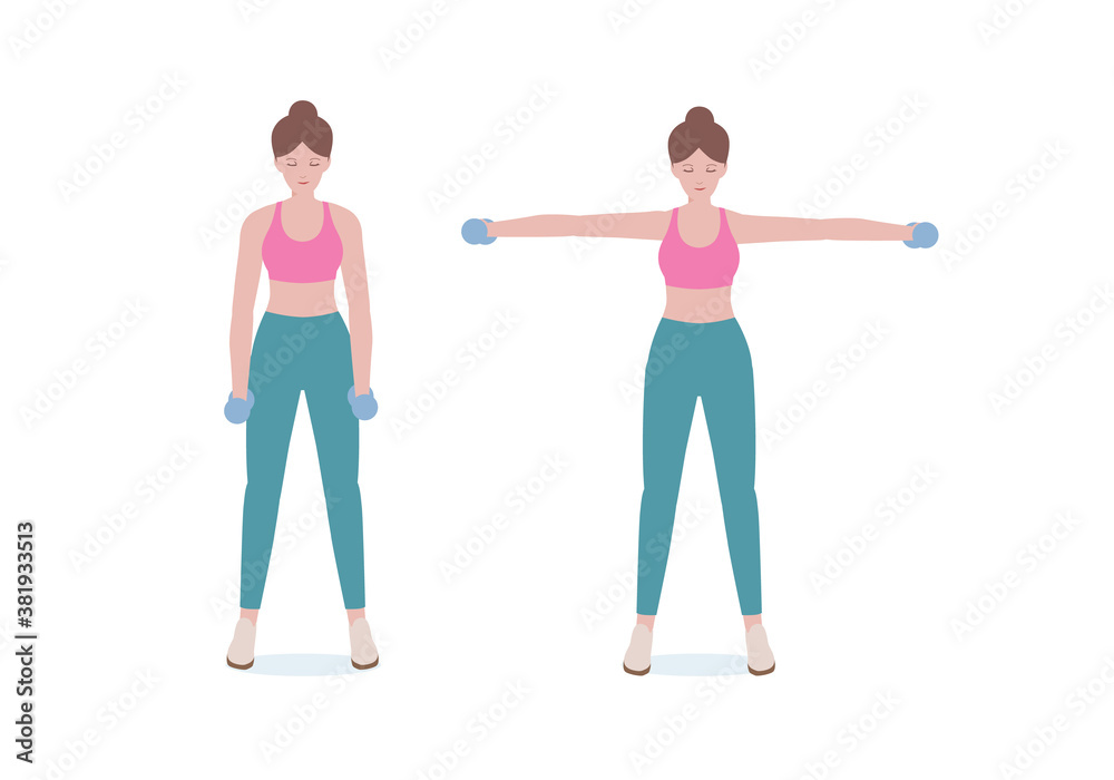 Woman doing exercises a dumbbell. woman in pink shirt and a blue Long legs.  Step by step instruction for doing Side Lateral Raise Shoulder pose.  Cartoon style. Fitness and health concepts. Stock