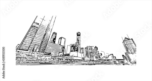 Building view with landmark of Beijing alternatively romanized as Peking is the capital of the Republic of China. Hand drawn sketch illustration in vector. 