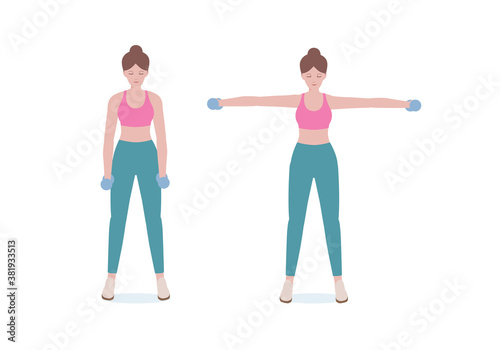 Woman doing exercises a dumbbell. woman in pink shirt and a blue Long legs. Step by step instruction for doing Side Lateral Raise Shoulder pose. Cartoon style. Fitness and health concepts.