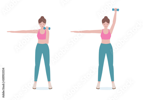 Woman doing exercises a dumbbell. woman in pink shirt and a blue Long legs. Step by step instruction for doing Single Arm Overhead Press Dumbbell. Cartoon style. Fitness and health concepts.