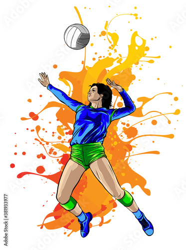 Silhouette of volleyball player with flames. Vector.