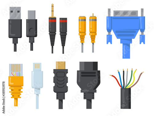 Computer cables, wires and cords flat item set. Cartoon black and colored connectors for HDMI or VGA port isolated vector illustration collection. Network and communication concept