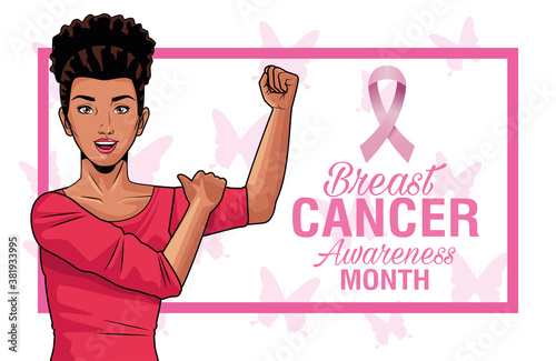 breast cancer awareness month lettering with strong afro woman and ribbon