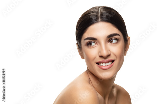 Smiling. Portrait of beautiful jewish woman isolated on white studio background. Beauty  fashion  skincare  cosmetics  ad concept. Copyspace. Well-kept skin and natural fresh look. Healthy and shiny.