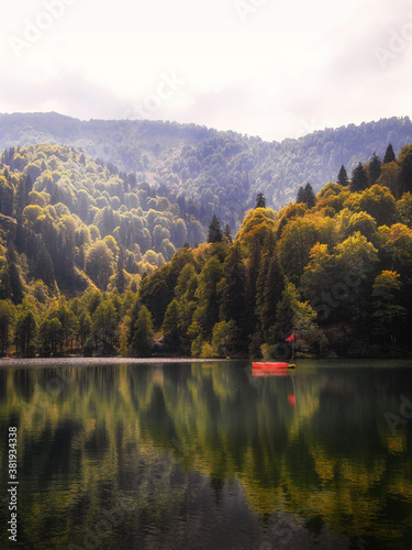 A Boat in the Reflections of Trees and Mountains, Artvin, Turkey