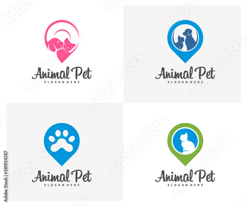 Set of Point Pet Logo dog cat design vector template. Animals Veterinary clinic Logotype concept outline icon.