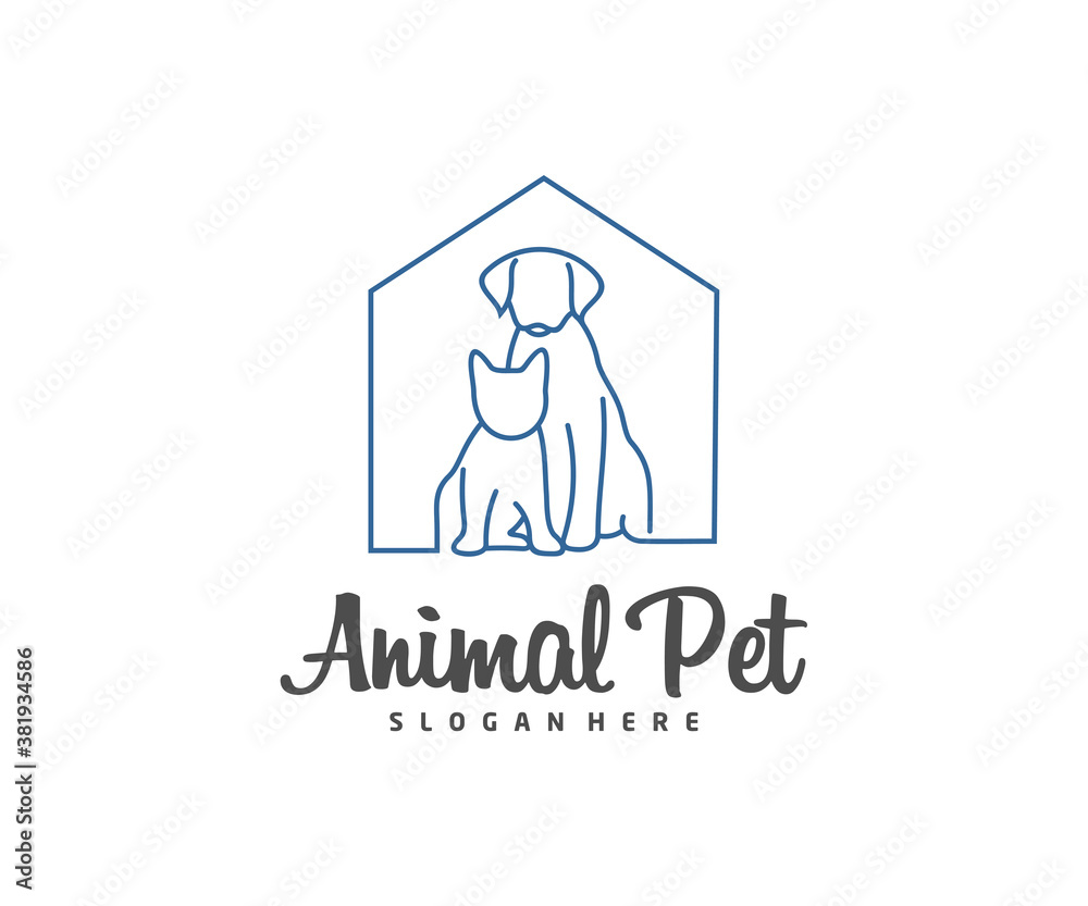 Pet Home Logo dog cat design vector template. Animals Veterinary clinic Logotype concept outline icon.