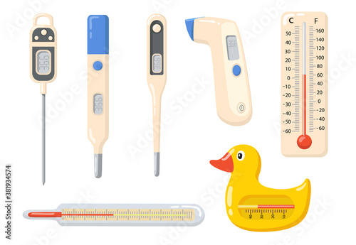 Various thermometers flat item set. Cartoon medical tool for high temperature measurement isolated vector illustration collection. Measuring instruments and indication concept