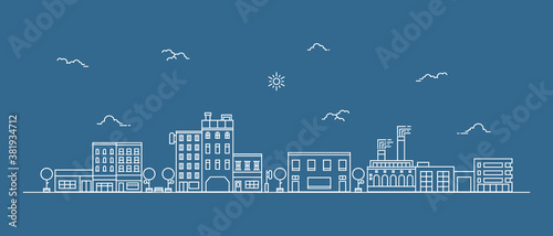 Urban landscape with a thin line style. Cityscape flat line design. Vector illustration.