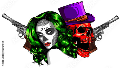 beautiful gangsta girl and skull vector illustration
