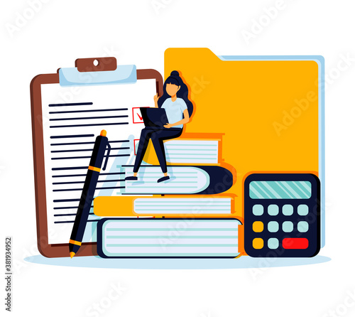 Person gains knowledge for success and better ideas. Education, online courses and business, distance education, online books and study guides, exam preparation, home schooling, vector illustration.