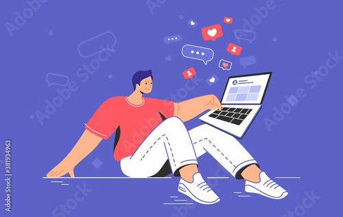 Social media addiction and time spending. Flat vector concept illustration of smiling man sitting on the floor with laptop and browsing networks for chatting and getting more likes and hearts bubbles