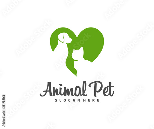 Pet Love Logo dog cat design vector template. Animals Veterinary clinic Logotype concept outline icon.