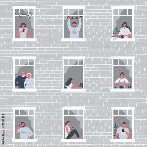 People at the window. Young woman is drinking coffee, guy is training with dumbbells, woman preparing food, girl watering flowers etc. People during the coronavirus epidemic. Stay home concept
