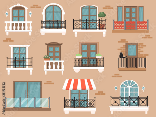 Beautiful decorated balcony flat set for web design. Cartoon vintage windows with classic decor and fences isolated vector illustration collection. Architecture and facade concept