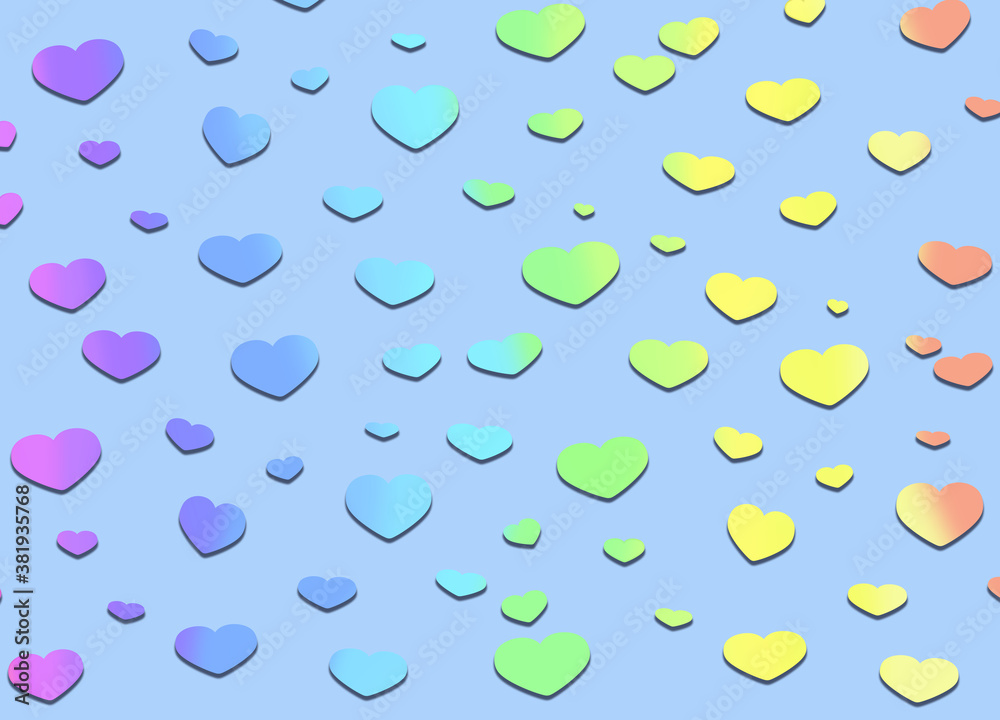 Multicolored gradient bright hearts on a blue background. Pastel palette, shades of grey,  multicolored horizontal picture.