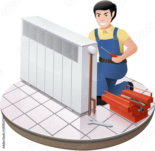 Réparation d'un radiateur par un artisan (détouré)