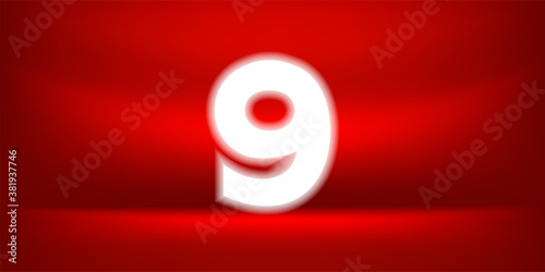 Number nine white glow on red luxurious background, No. 9 on red background, Number 9 for Banner Anniversary