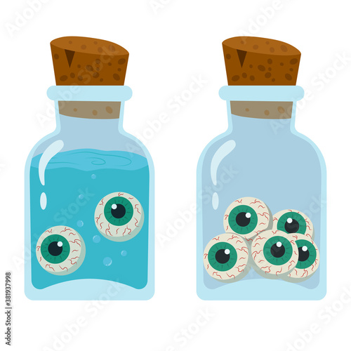 Green eyes in jars with and without liquid. Eyes in jars isolated on a white background. Stock vector illustration. Illustration for the holiday Halloween.