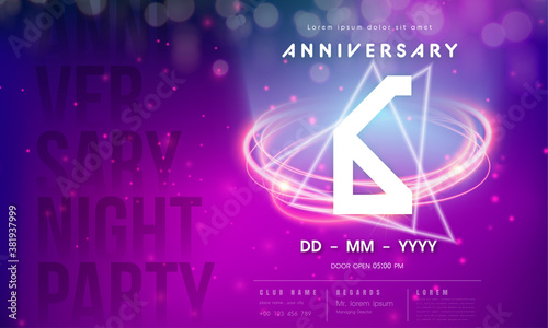 6 years anniversary logo template on purple Abstract futuristic space background. 6th modern technology design celebrating numbers with Hi-tech network digital technology concept design elements.