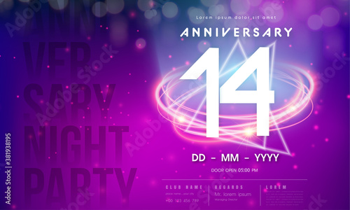 14 years anniversary logo template on purple Abstract futuristic space background. 14th modern technology design celebrating numbers with Hi-tech network digital technology concept design elements.