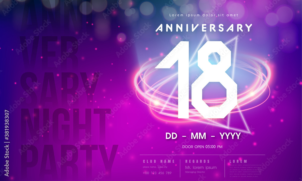Fototapeta premium 18 years anniversary logo template on purple Abstract futuristic space background. 18th modern technology design celebrating numbers with Hi-tech network digital technology concept design elements.