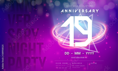 19 years anniversary logo template on purple Abstract futuristic space background. 19th modern technology design celebrating numbers with Hi-tech network digital technology concept design elements.