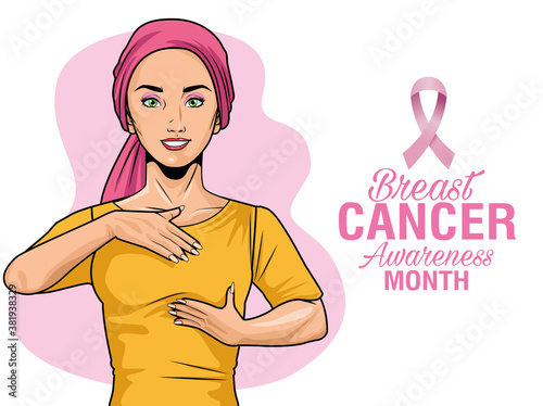 breast cancer awareness month lettering with woman self exam