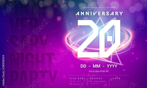 20 years anniversary logo template on purple Abstract futuristic space background. 20th modern technology design celebrating numbers with Hi-tech network digital technology concept design elements.
