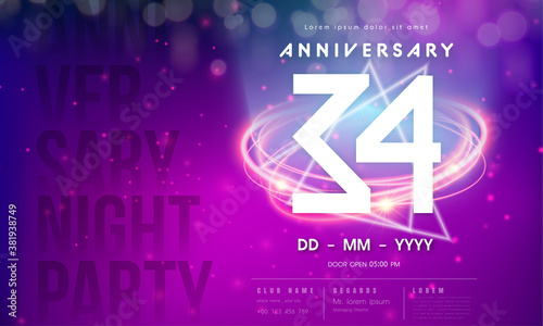 34 years anniversary logo template on purple Abstract futuristic space background. 34th modern technology design celebrating numbers with Hi-tech network digital technology concept design elements.