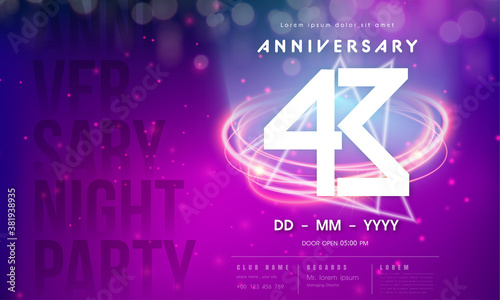 43 years anniversary logo template on purple Abstract futuristic space background. 43rd modern technology design celebrating numbers with Hi-tech network digital technology concept design elements.