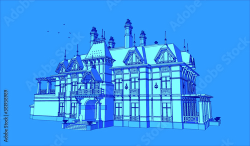 Vector linear drawing of a house in 3D format
