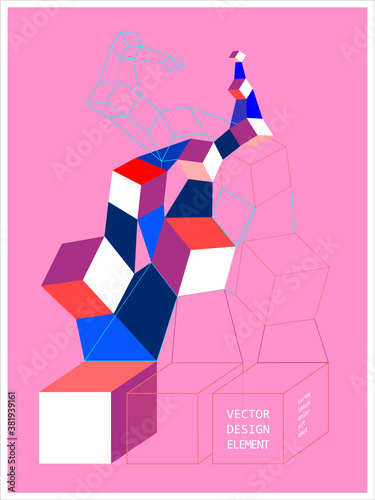 Abstract geometric composition of falling cubes and lines for your custom design or landing page in pink shades