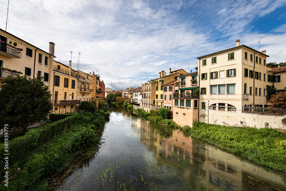 The River Bacchiglione in the Padua city view from the Ponte Molino (mill bridge). Veneto, Italy, Europe.