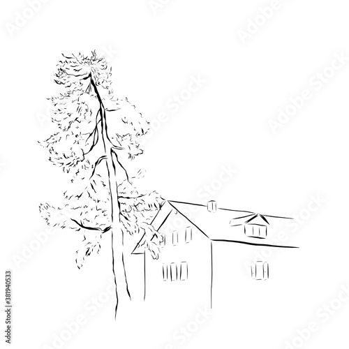 Vector minimalistic card wth line art house and tree. Hand painted linear composition on white background. Contour illustration for design, print, fabric or background.
