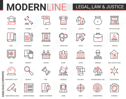 Legal law and justice flat icon vector illustration set. Red black thin line infographic design of mobile app website symbols with judicial legislation education, lawyer defense, police investigation