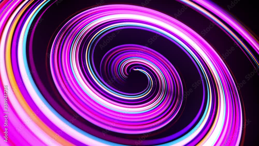 Motion graphics, sci-fi bg. Stream of multicolor neon lines form spiral shape, curls and pattern. Abstract background with light trails, Modern trendy motion design background. Light flow bg in 4k.