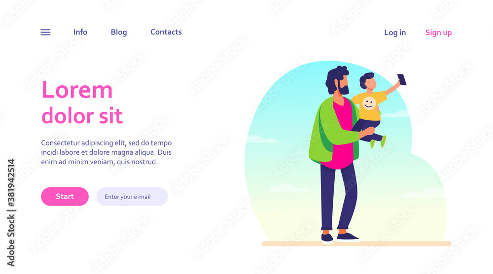 Young father holding child with mobile phone. Selfie, kid, smartphone flat vector illustration. Family and digital technology concept for banner, website design or landing web page Young father holding child with mobile phone. Selfie, kid, smartphone flat vector illustration. Family and digital technology concept for banner, website design or landing web page