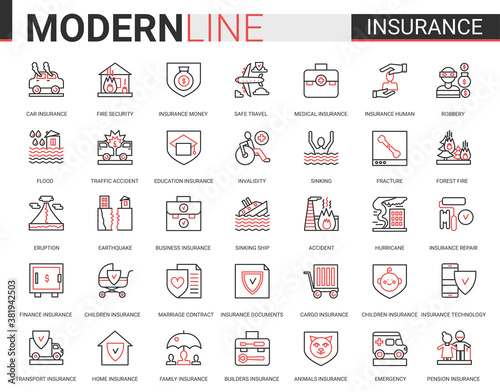 Insurance flat thin red black line icon vector illustration set with outline assurance infographic app symbols of insurance service for family health, home property or car transport, business finance