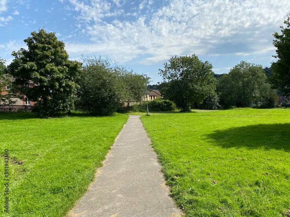 Footpath, leading through a large grass field, with old trees next to Meanwood Road, leading to local housing in, Leeds, Yorkshire, UK