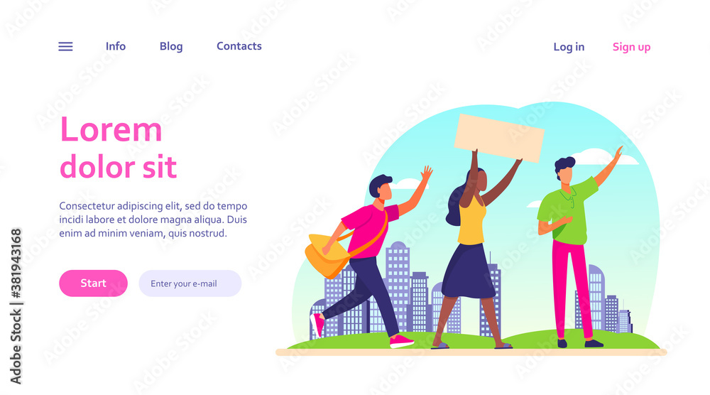 Young people with banner at social meeting. Opinion, crowd, cityscape flat vector illustration. Politics and democracy concept for banner, website design or landing web page