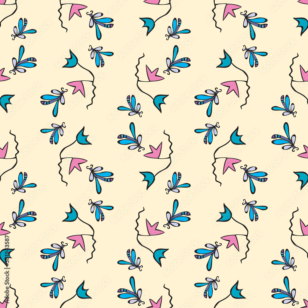 Fototapeta premium Seamless pattern of decorative drawn flowers and dragonflies