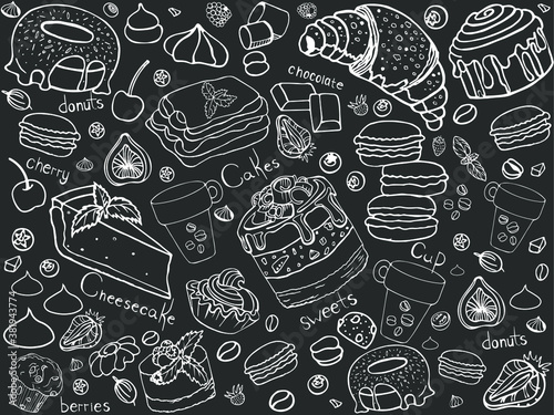 Craftsy pattern with cakes on korichnevoy background white outline. The seamless pattern is drawn by hand. In the picture: marshmallows, macaroons, cakes, berries, and sweets.