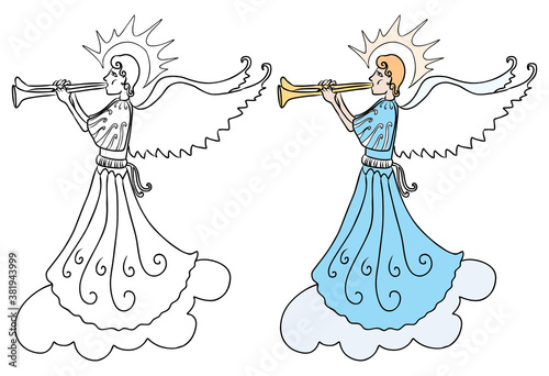 Vector drawing of angel playing trumpet