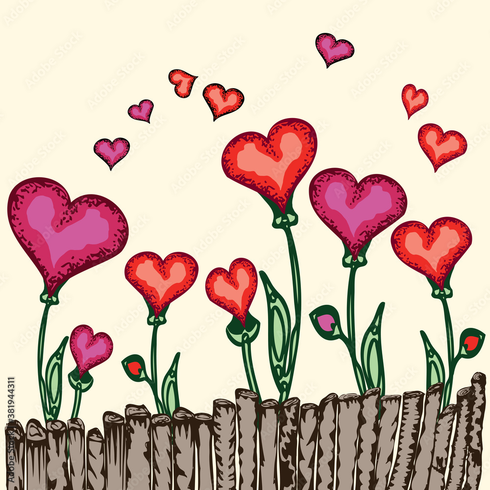 Vector illustration of flowers in heart shapes growthing behind wooden fence